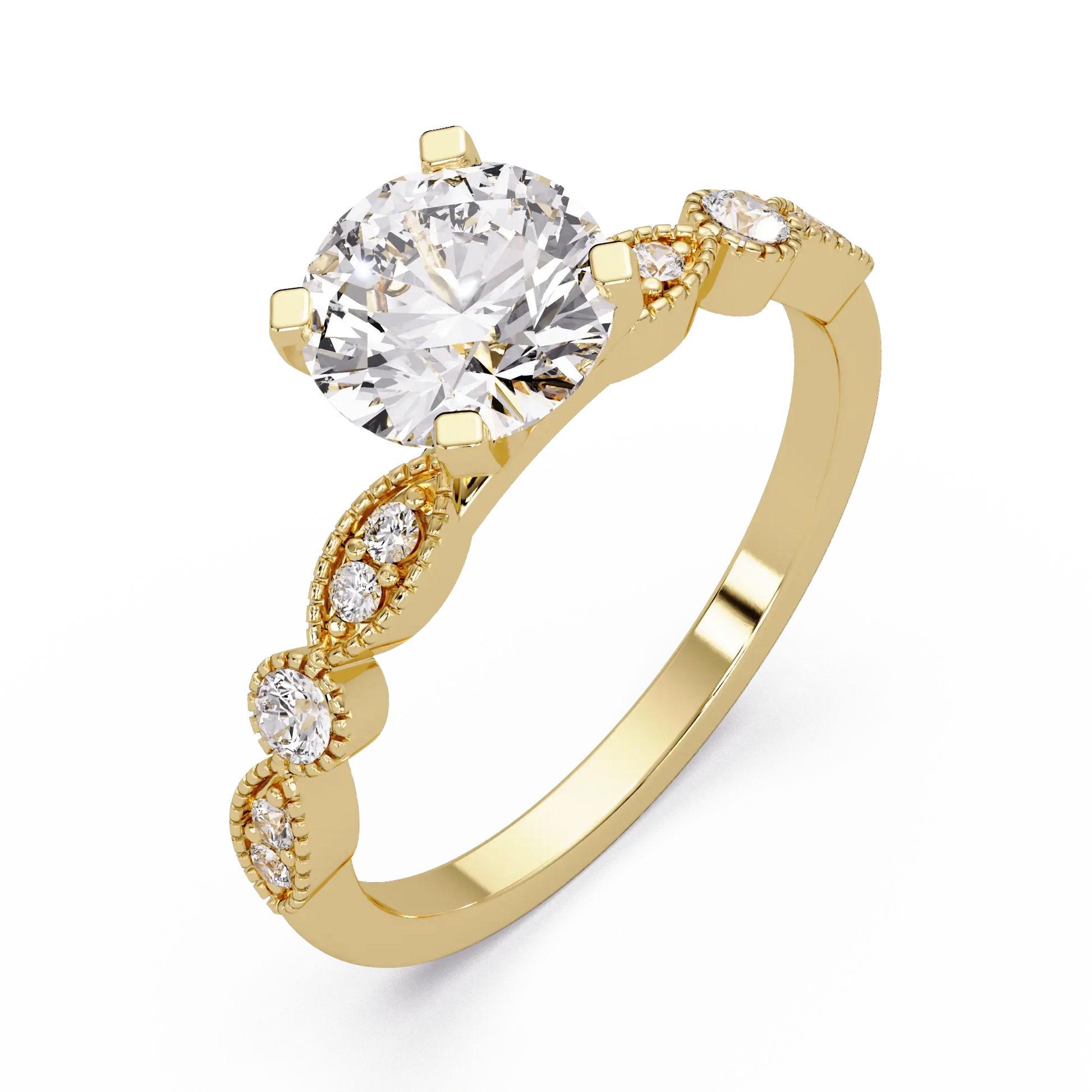 Round Brilliant Lab Grown Diamond Four Prong Engagement Ring with Side Diamonds
