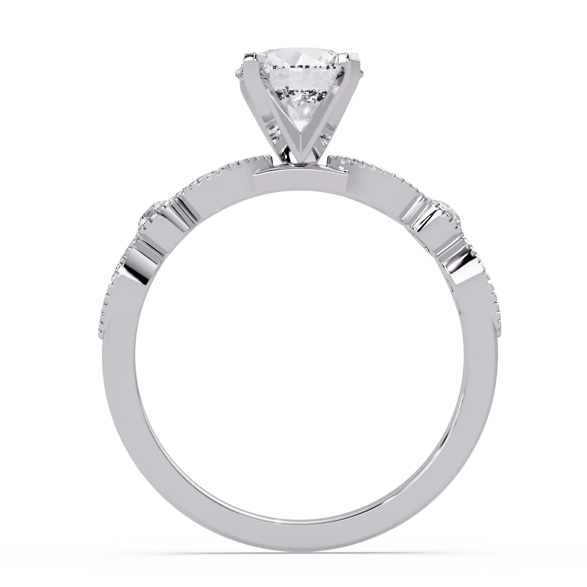 Round Brilliant Lab Grown Diamond Four Prong Engagement Ring with Side Diamonds