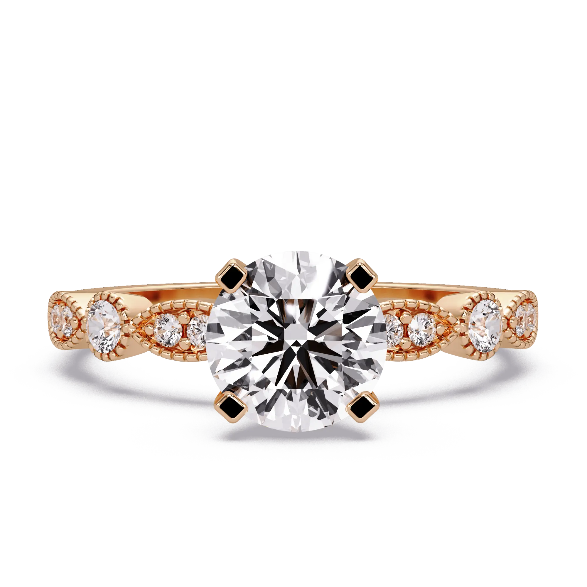 Round Brilliant Lab Grown Diamond Four Prong Engagement Ring with Side Diamonds