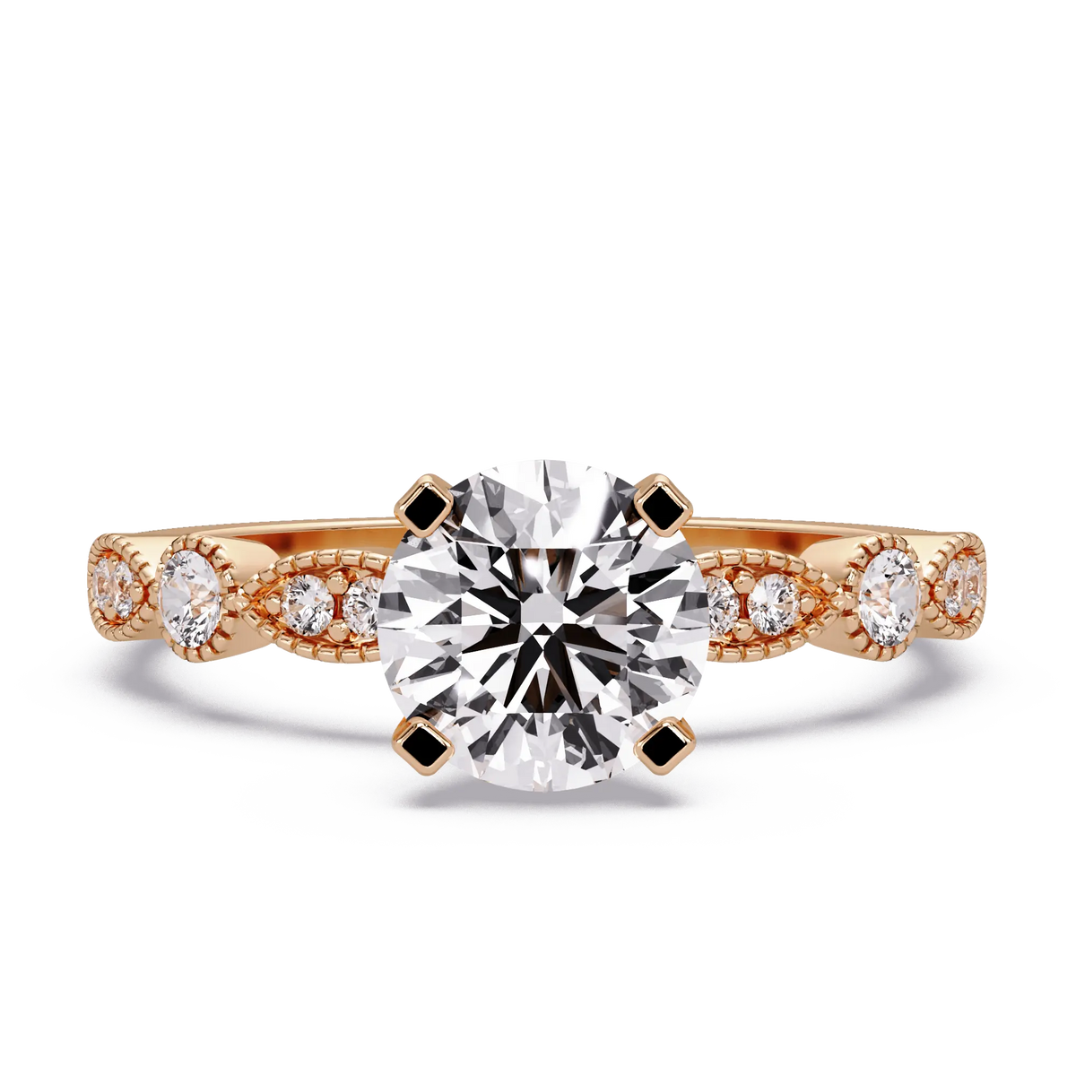 Round Brilliant Lab Grown Diamond Four Prong Engagement Ring with Side Diamonds