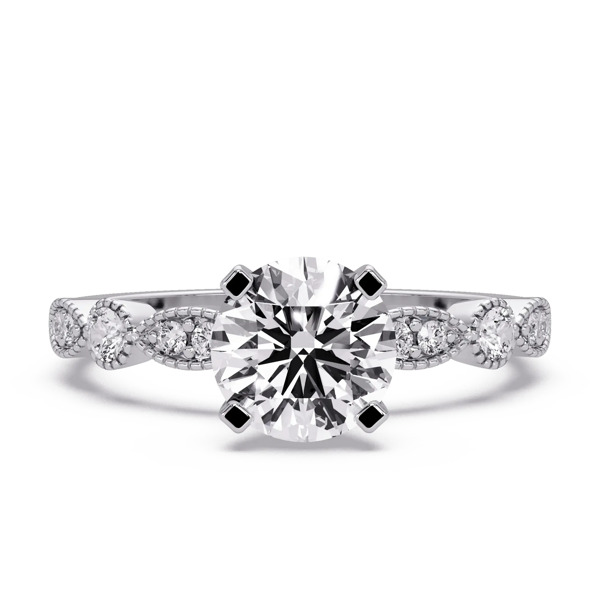 Round Brilliant Lab Grown Diamond Four Prong Engagement Ring with Side Diamonds