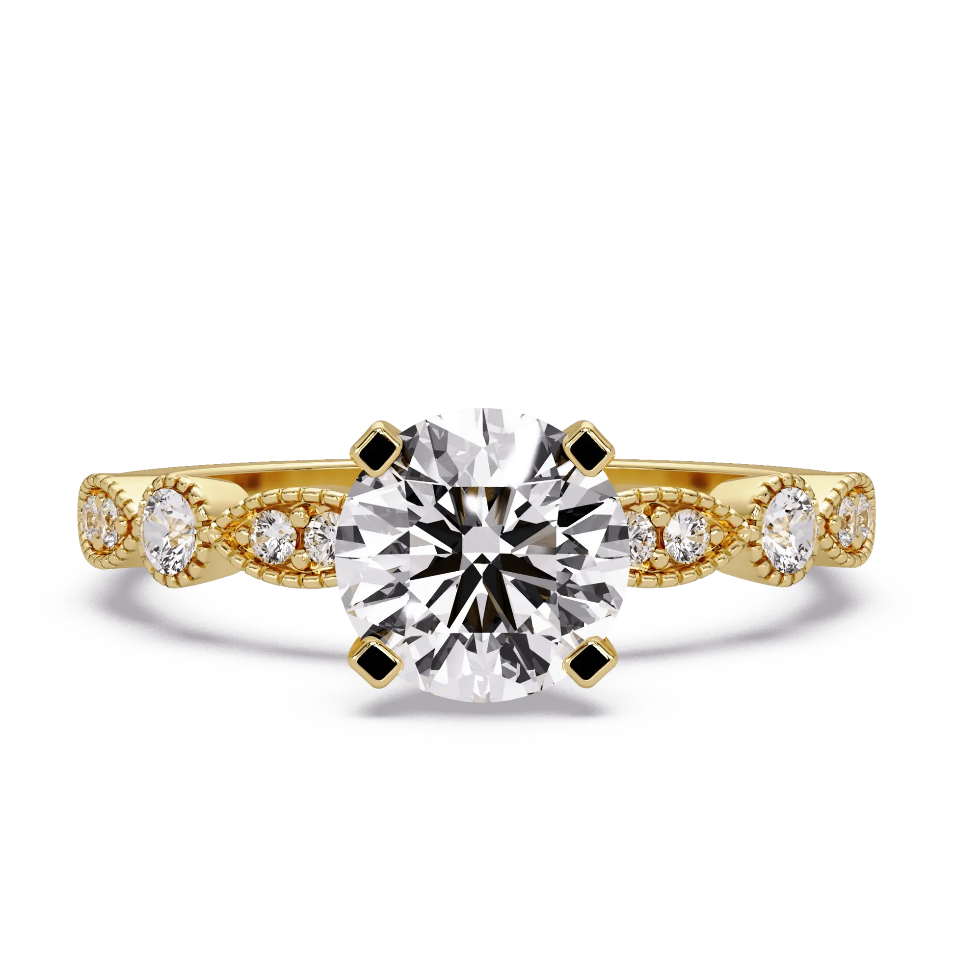 Round Brilliant Lab Grown Diamond Four Prong Engagement Ring with Side Diamonds