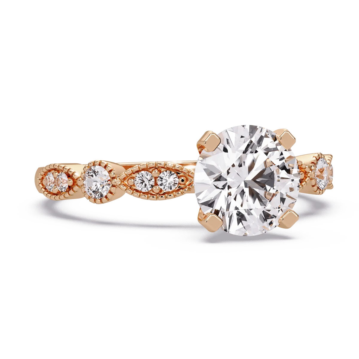 Round Brilliant Lab Grown Diamond Four Prong Engagement Ring with Side Diamonds