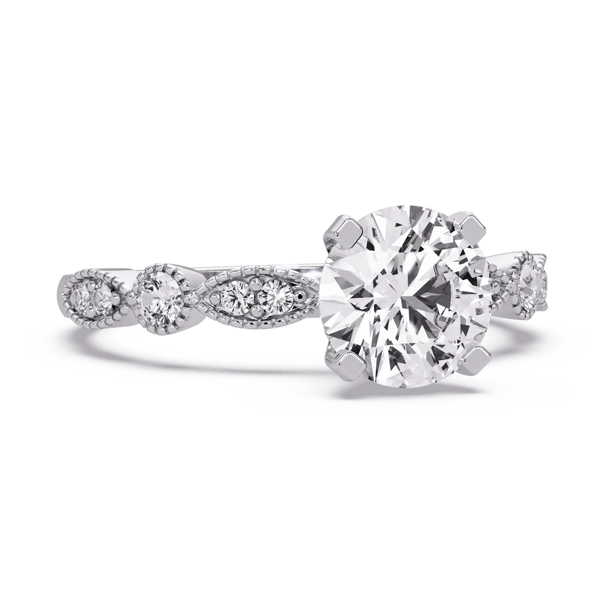 Round Brilliant Lab Grown Diamond Four Prong Engagement Ring with Side Diamonds