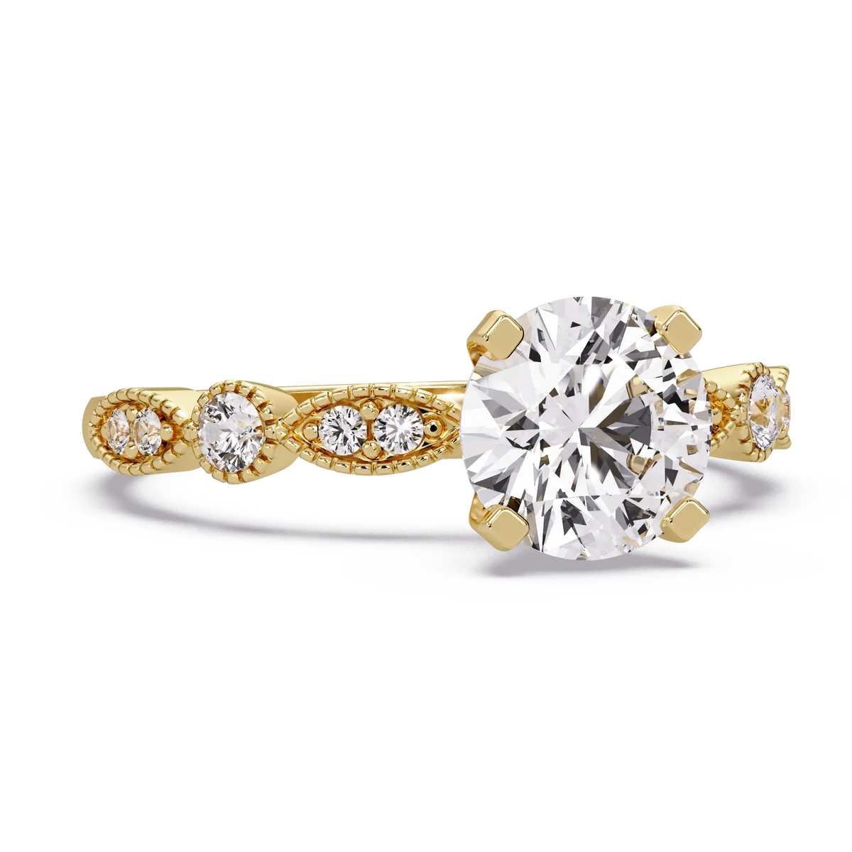 Round Brilliant Lab Grown Diamond Four Prong Engagement Ring with Side Diamonds