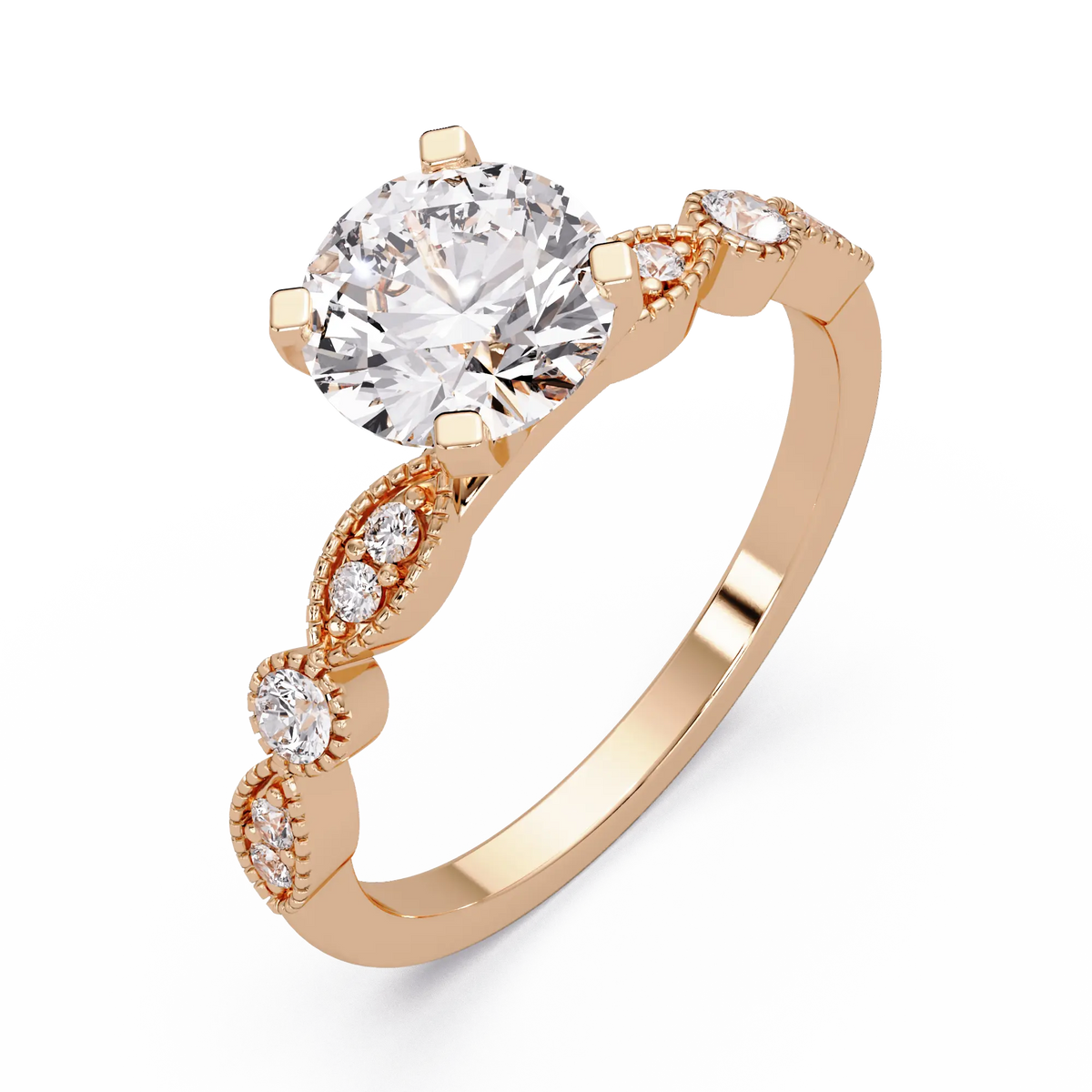 Round Brilliant Lab Grown Diamond Four Prong Engagement Ring with Side Diamonds
