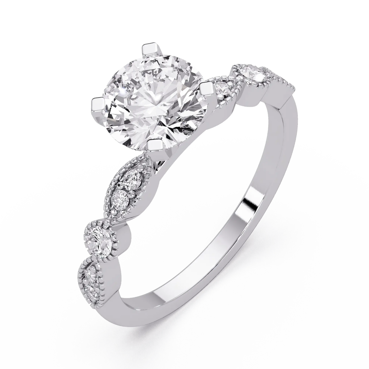 Round Brilliant Lab Grown Diamond Four Prong Engagement Ring with Side Diamonds
