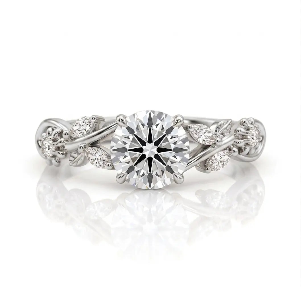 Round Moissanite Nature Inspired Bridal Set – Floral Vine Engagement Ring & Matching Wedding Band
