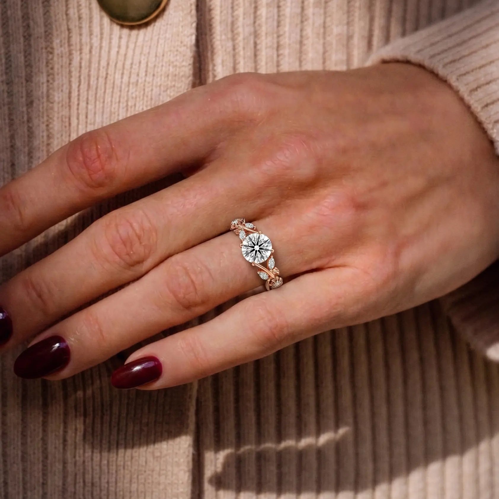 Round Moissanite Nature Inspired Bridal Set – Floral Vine Engagement Ring & Matching Wedding Band