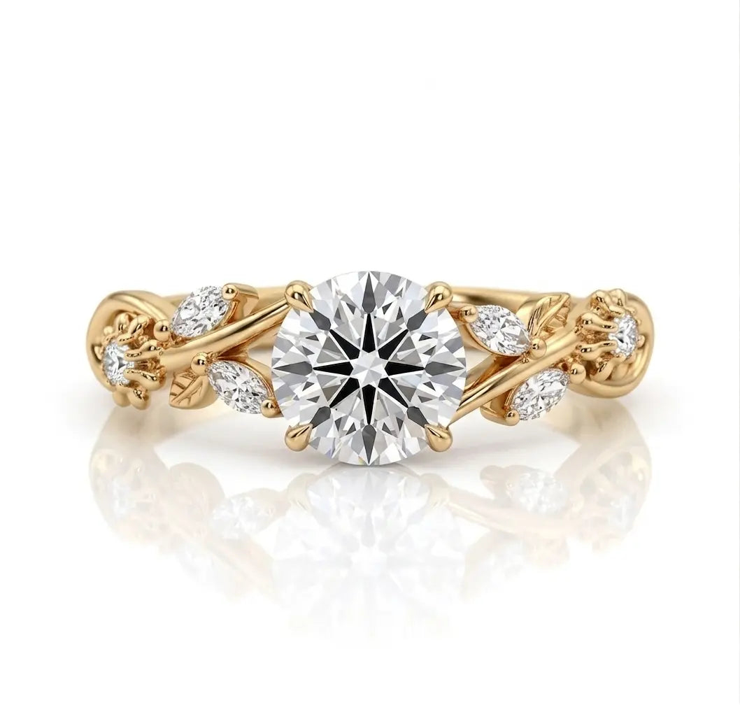 Round Moissanite Nature Inspired Bridal Set – Floral Vine Engagement Ring & Matching Wedding Band