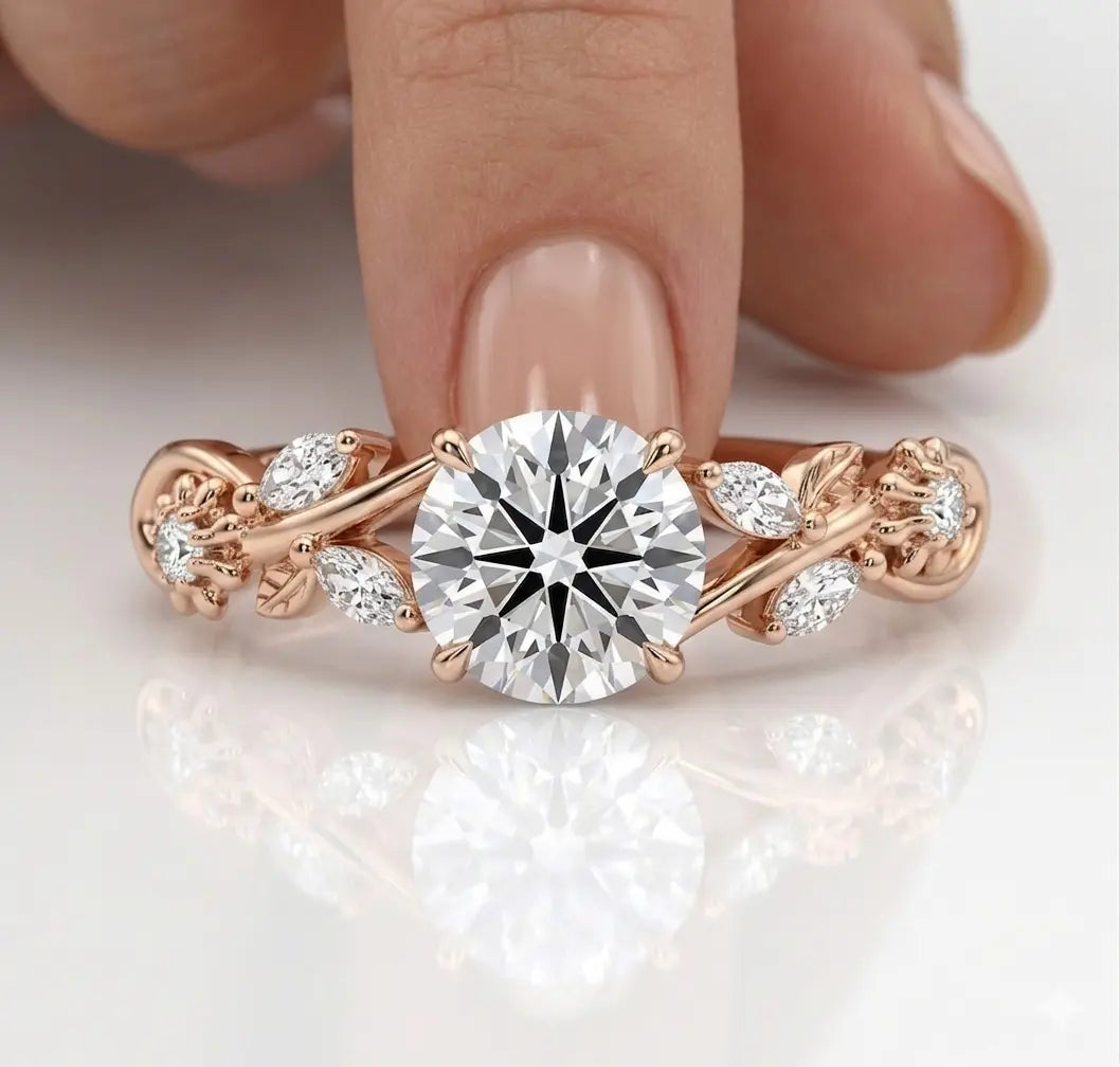 Round Moissanite Nature Inspired Bridal Set – Floral Vine Engagement Ring & Matching Wedding Band