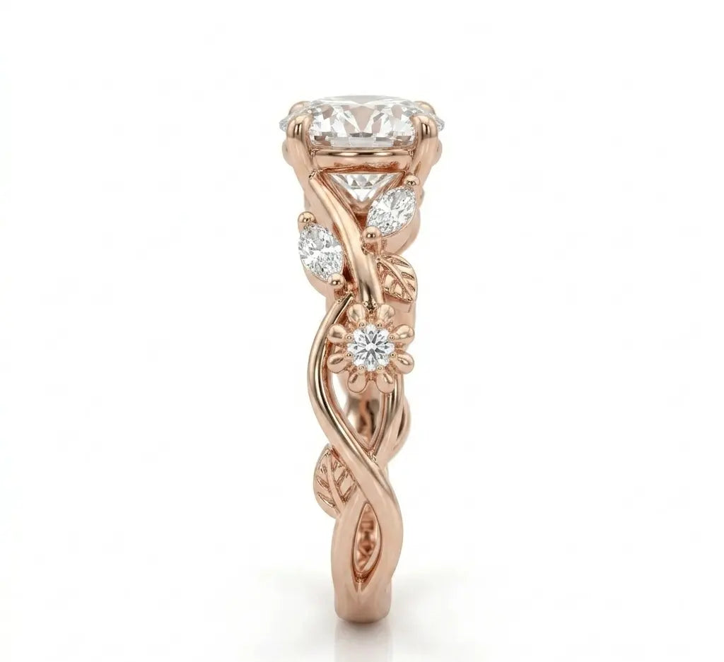 Round Moissanite Nature Inspired Bridal Set – Floral Vine Engagement Ring & Matching Wedding Band