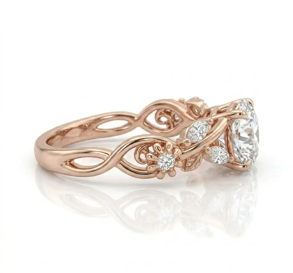 Round Moissanite Nature Inspired Bridal Set – Floral Vine Engagement Ring & Matching Wedding Band