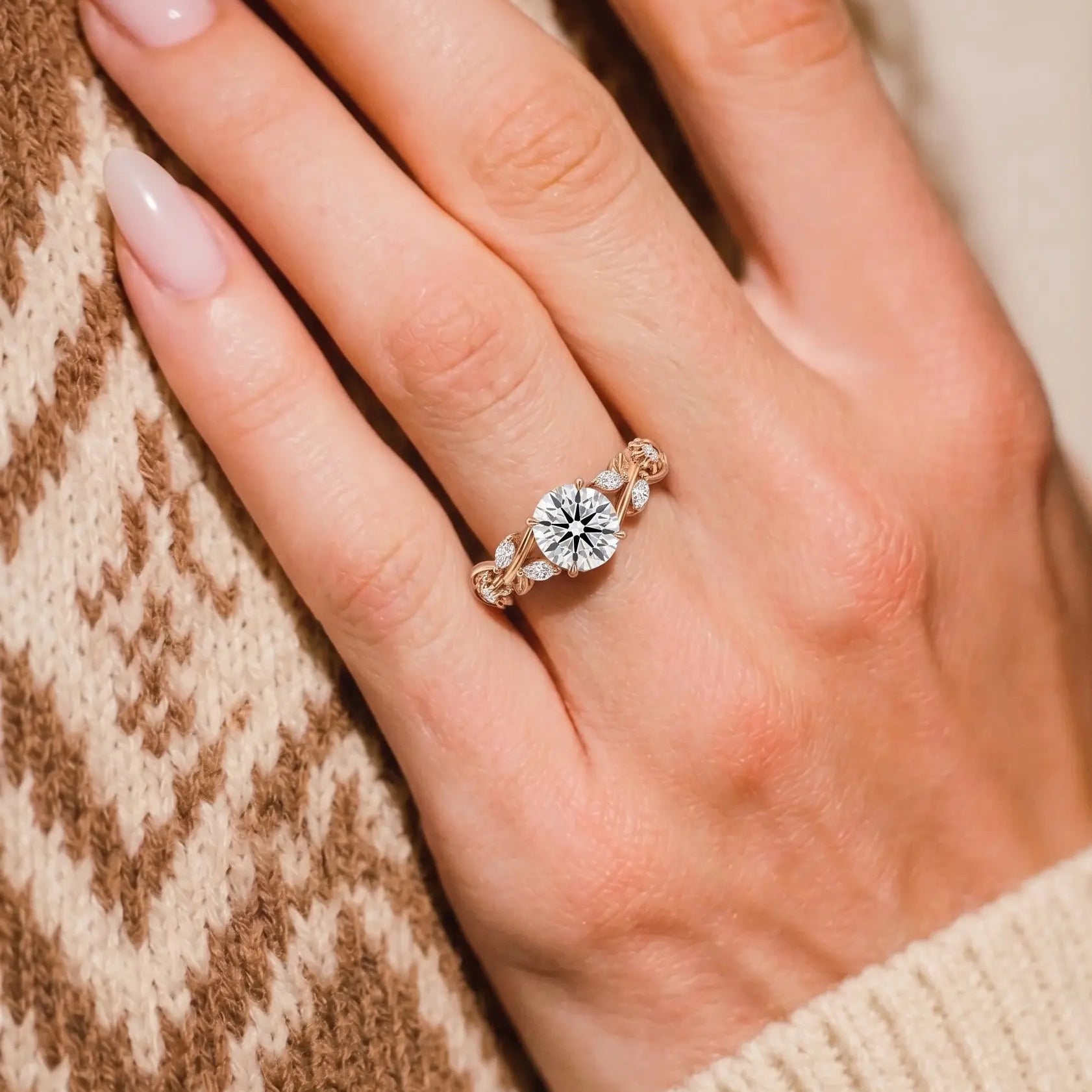Round Moissanite Nature Inspired Bridal Set – Floral Vine Engagement Ring & Matching Wedding Band