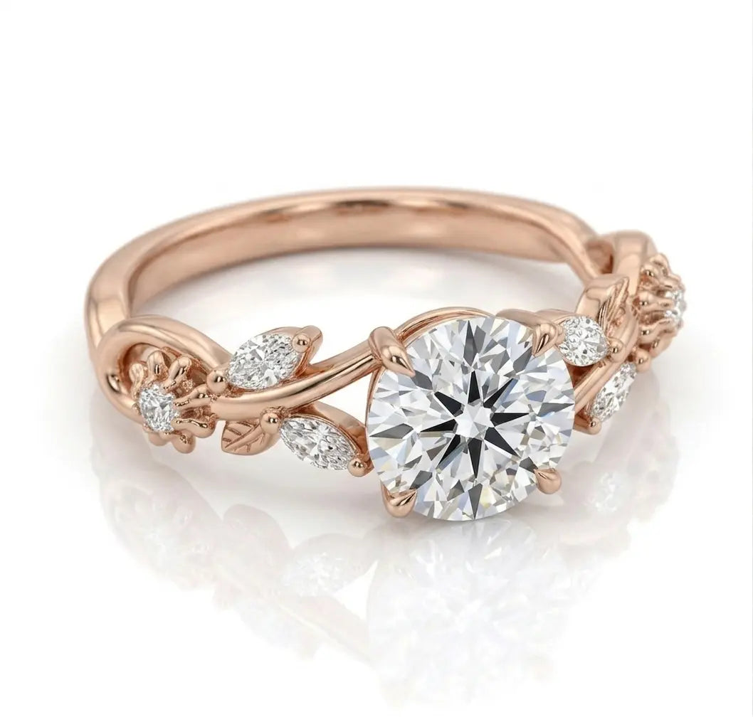 Round Moissanite Nature Inspired Bridal Set – Floral Vine Engagement Ring & Matching Wedding Band