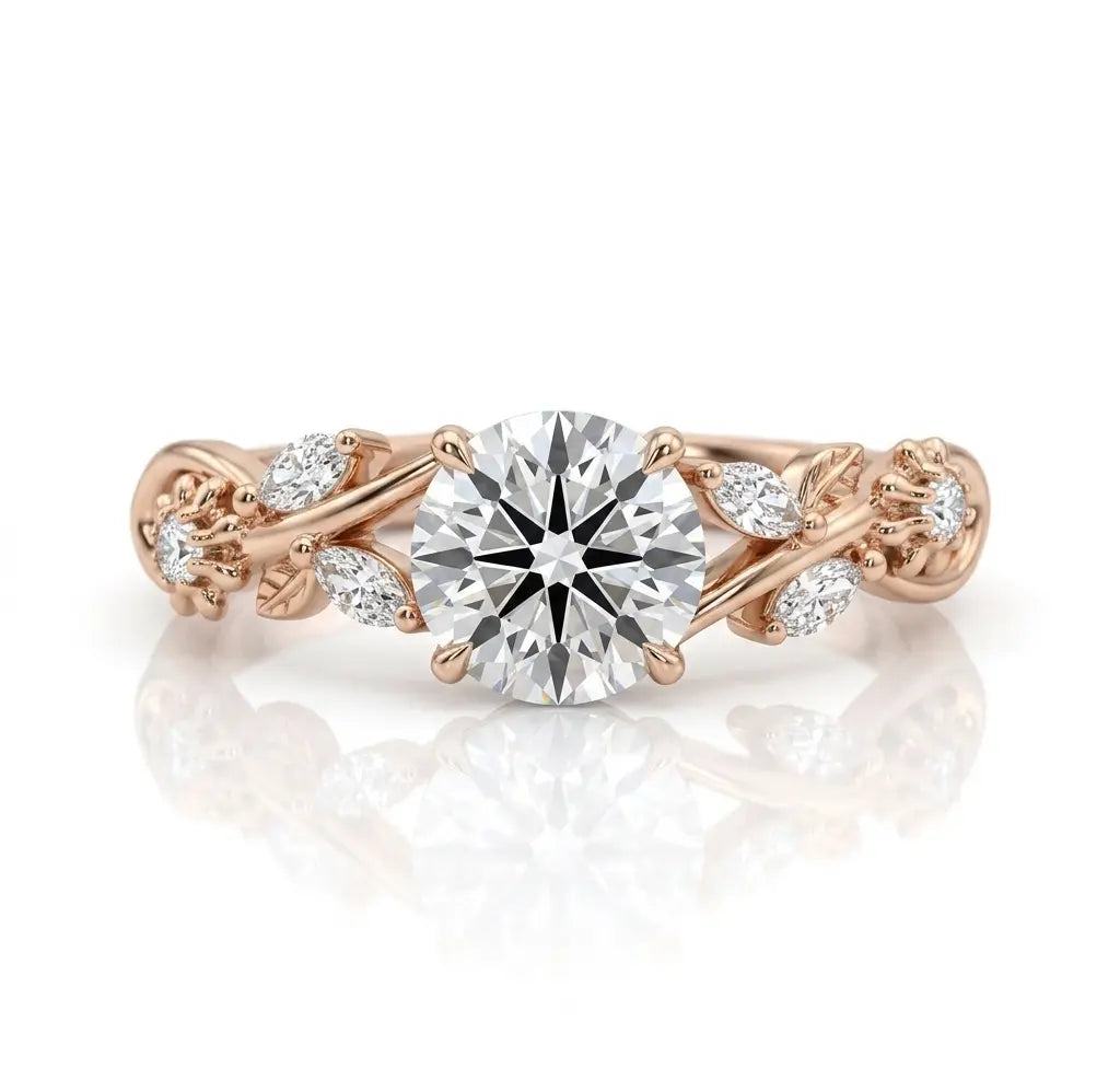 Round Moissanite Nature Inspired Bridal Set – Floral Vine Engagement Ring & Matching Wedding Band