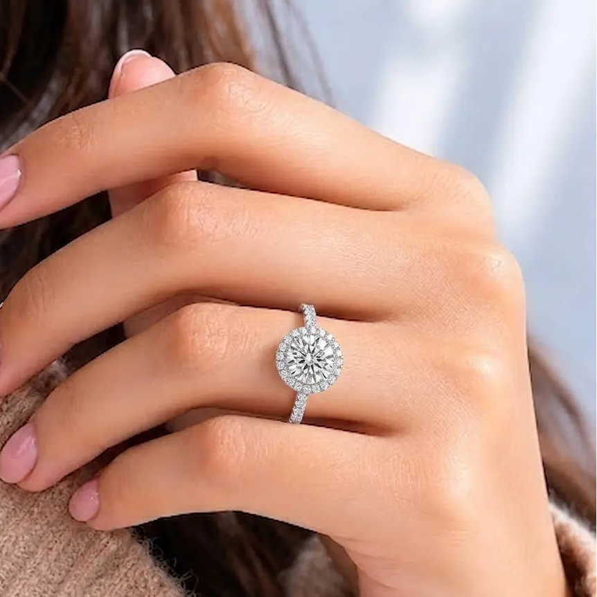 Round Brilliant Moissanite Halo Engagement Ring with Diamond Accents