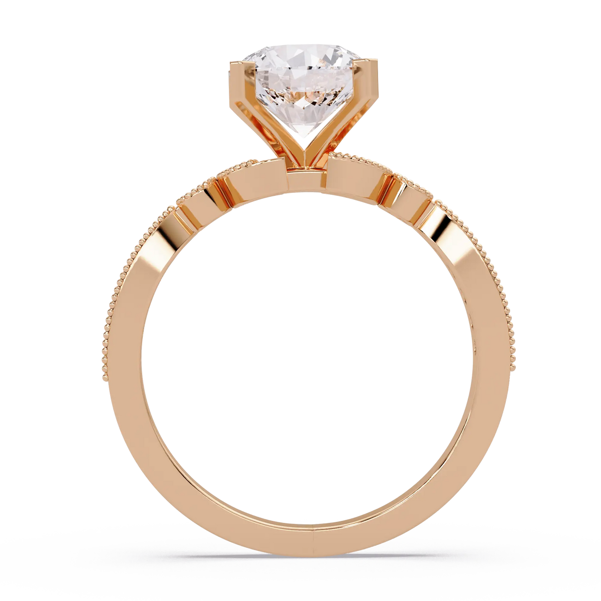 Round Cut Lab Grown Diamond Engagement Ring with Milgrain Twist Pavé Band Vintage Inspired Solitaire Ring