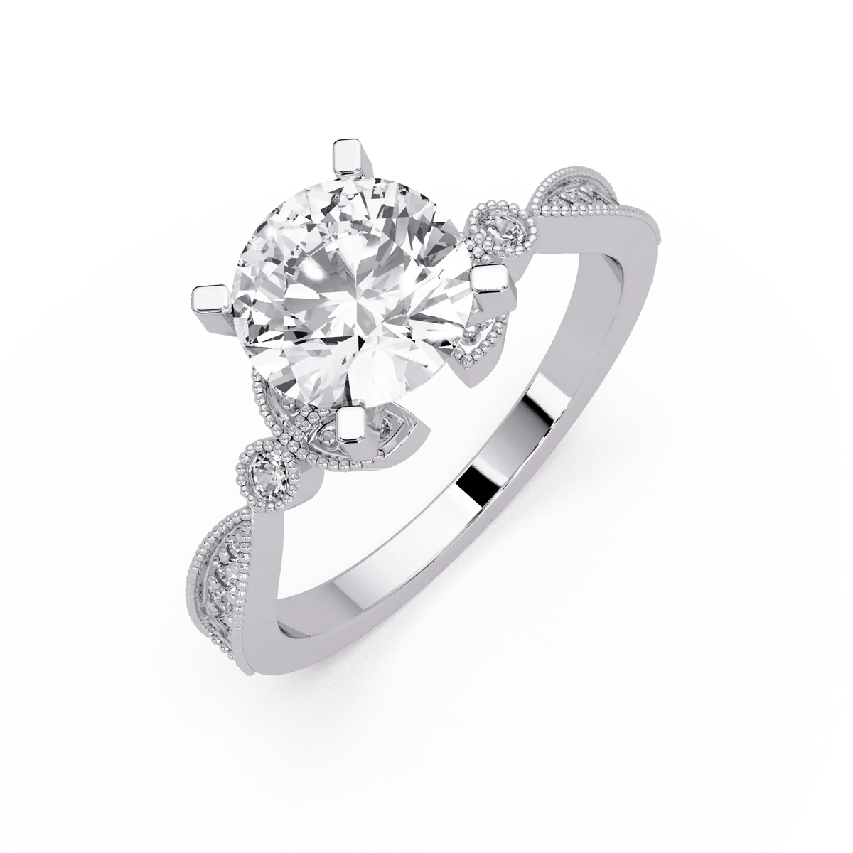Round Cut Lab Grown Diamond Engagement Ring with Milgrain Twist Pavé Band Vintage Inspired Solitaire Ring