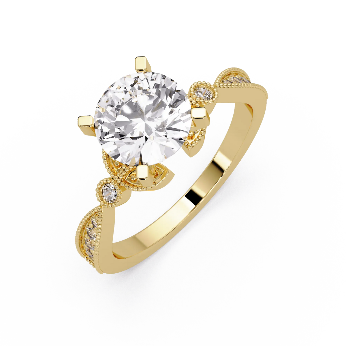 Round Cut Lab Grown Diamond Engagement Ring with Milgrain Twist Pavé Band Vintage Inspired Solitaire Ring