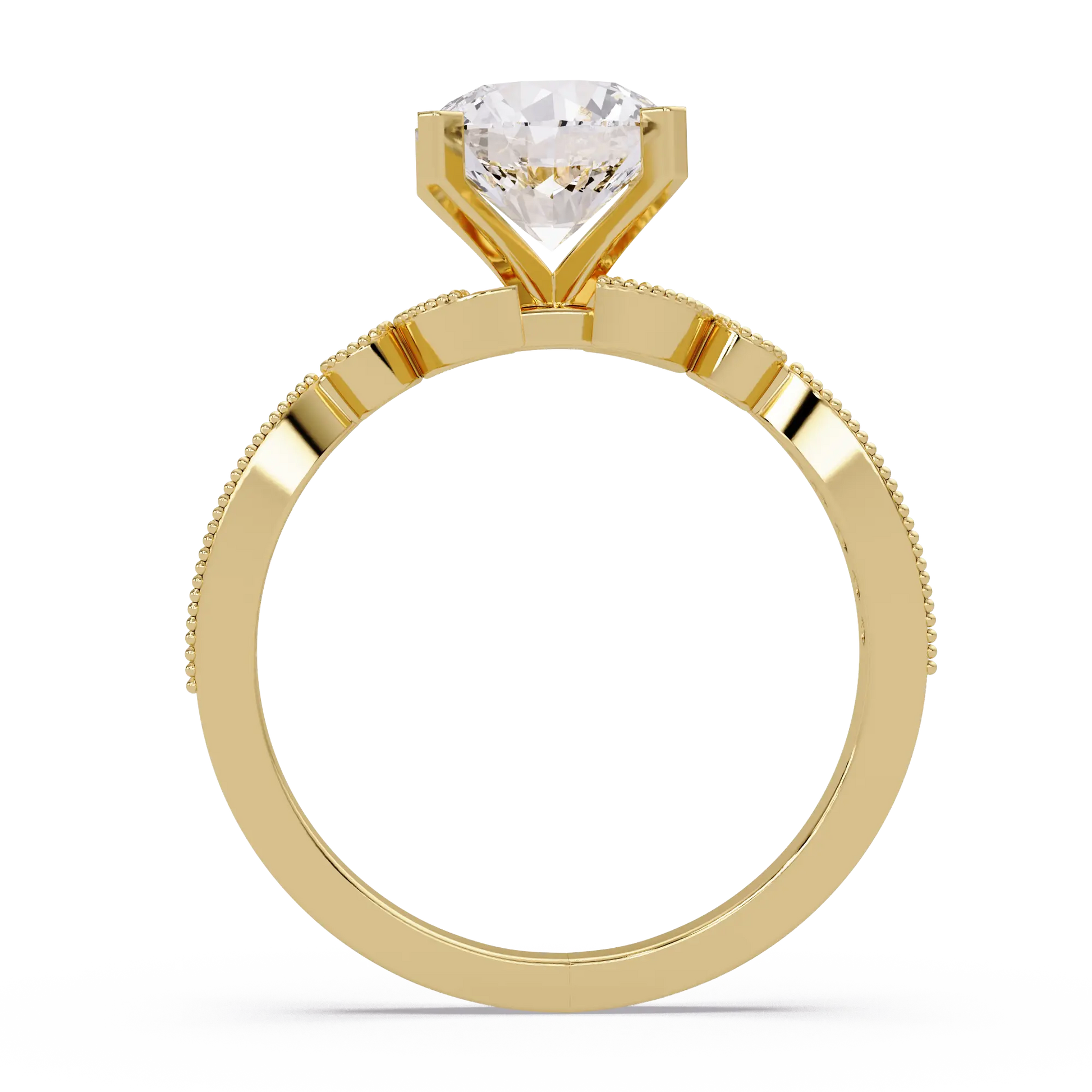 Round Cut Lab Grown Diamond Engagement Ring with Milgrain Twist Pavé Band Vintage Inspired Solitaire Ring
