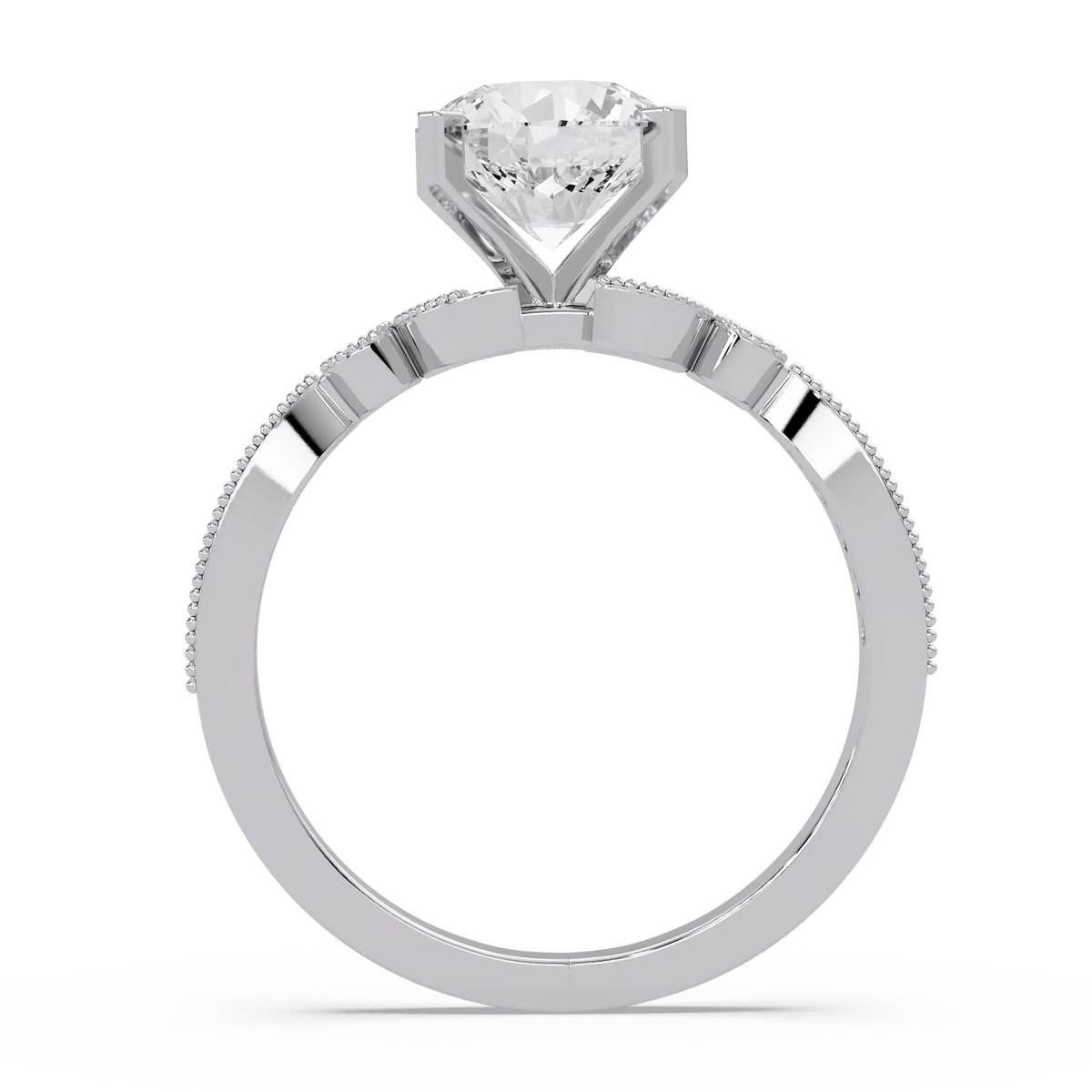 Round Cut Lab Grown Diamond Engagement Ring with Milgrain Twist Pavé Band Vintage Inspired Solitaire Ring