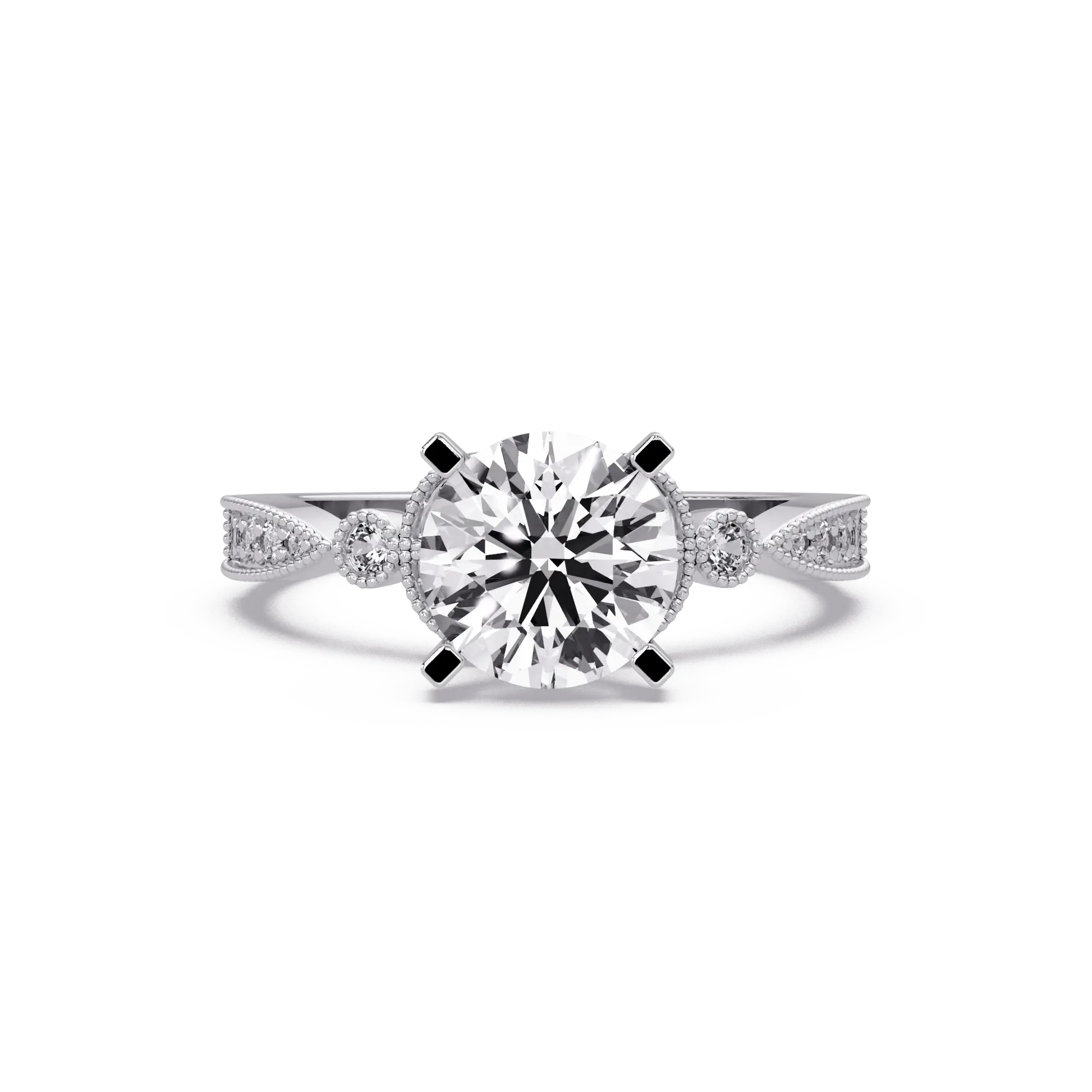 Round Cut Lab Grown Diamond Engagement Ring with Milgrain Twist Pavé Band Vintage Inspired Solitaire Ring