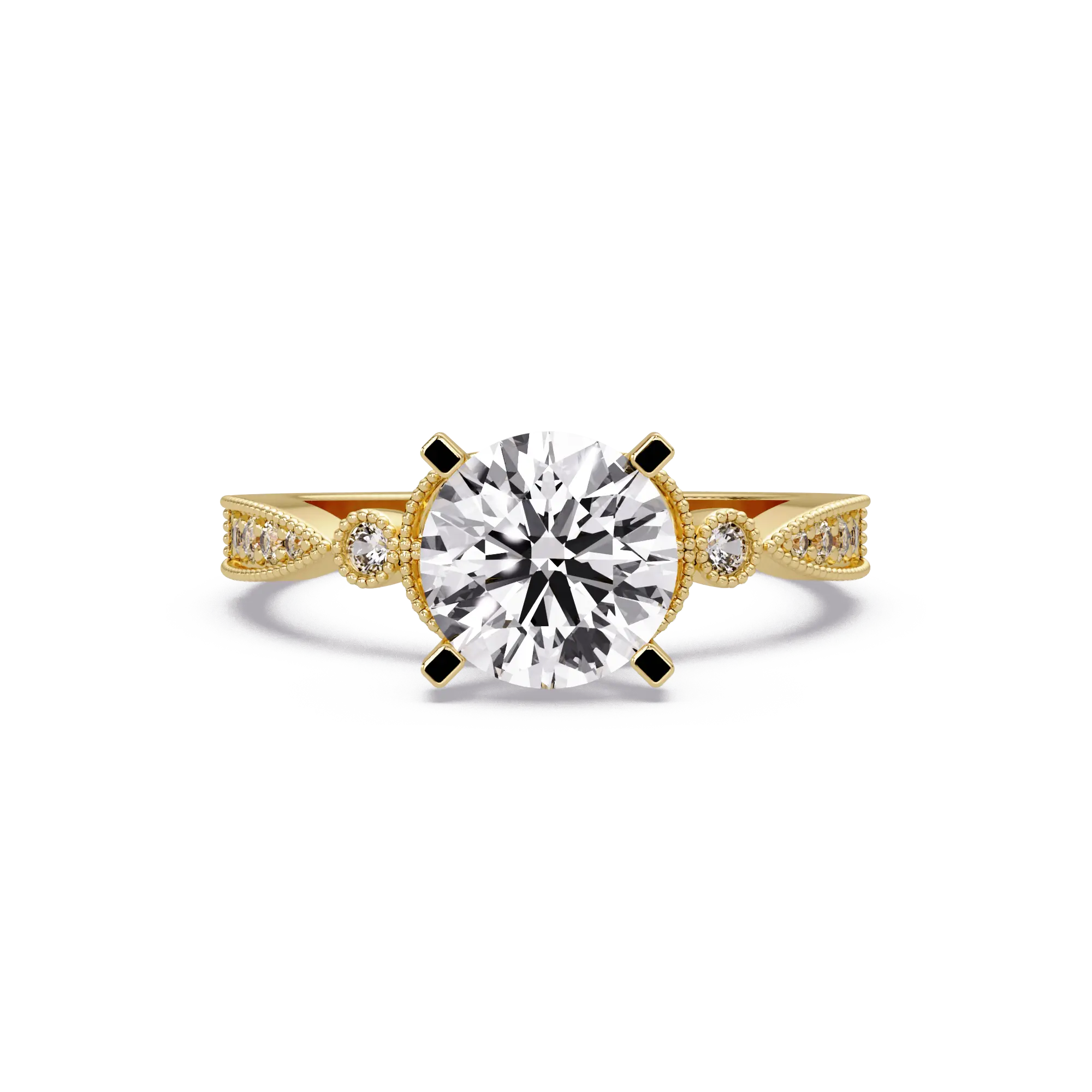 Round Cut Lab Grown Diamond Engagement Ring with Milgrain Twist Pavé Band Vintage Inspired Solitaire Ring