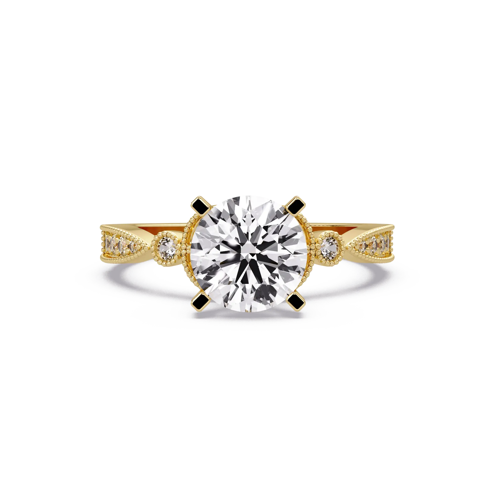 Round Cut Lab Grown Diamond Engagement Ring with Milgrain Twist Pavé Band Vintage Inspired Solitaire Ring