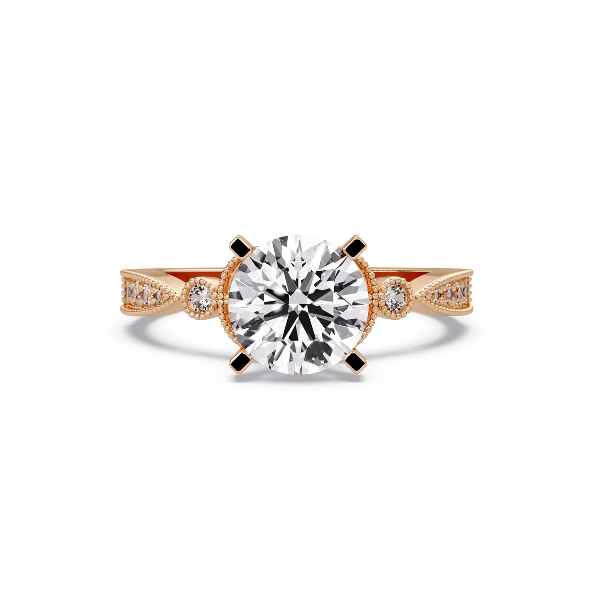 Round Cut Lab Grown Diamond Engagement Ring with Milgrain Twist Pavé Band Vintage Inspired Solitaire Ring