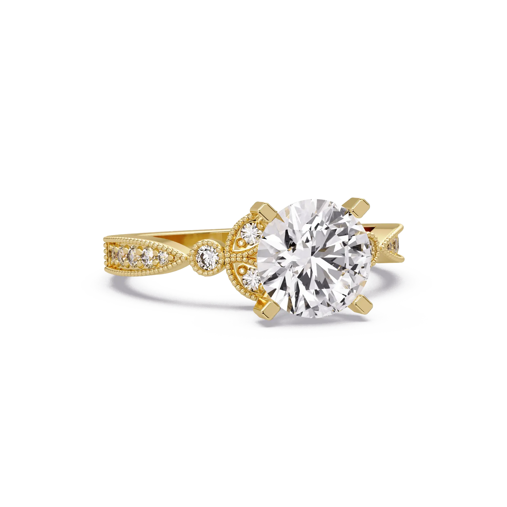 Round Cut Lab Grown Diamond Engagement Ring with Milgrain Twist Pavé Band Vintage Inspired Solitaire Ring