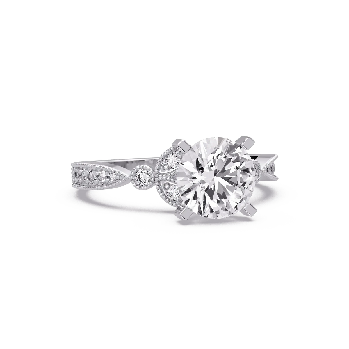 Round Cut Lab Grown Diamond Engagement Ring with Milgrain Twist Pavé Band Vintage Inspired Solitaire Ring