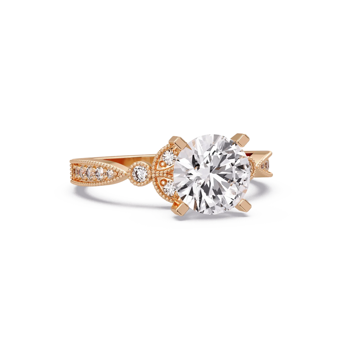 Round Cut Lab Grown Diamond Engagement Ring with Milgrain Twist Pavé Band Vintage Inspired Solitaire Ring