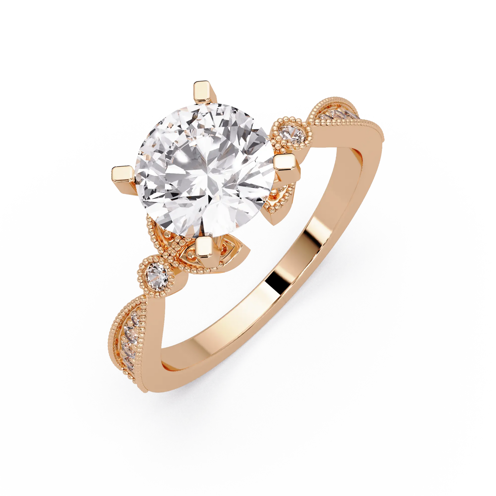 Round Cut Lab Grown Diamond Engagement Ring with Milgrain Twist Pavé Band Vintage Inspired Solitaire Ring