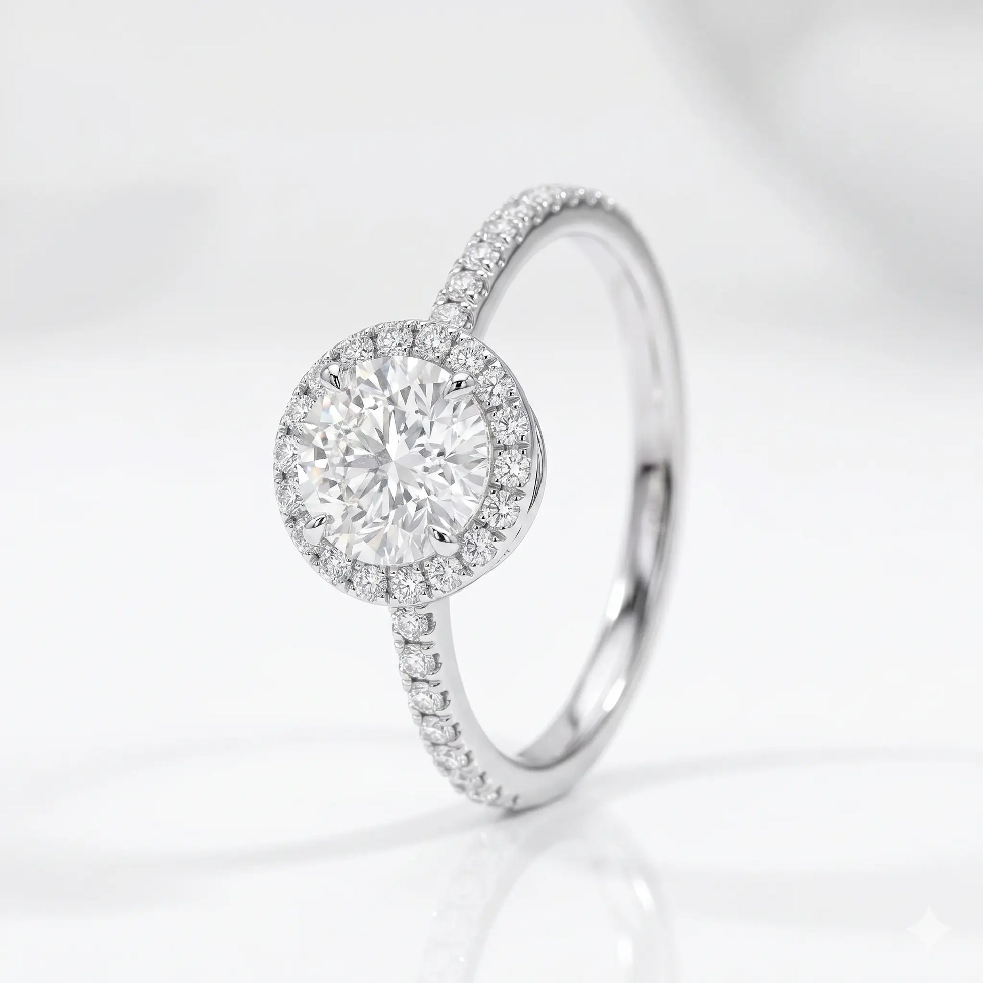 Round Cut Moissanite Halo Engagement Ring with Pavé Band  Classic Brilliant Halo Promise Ring