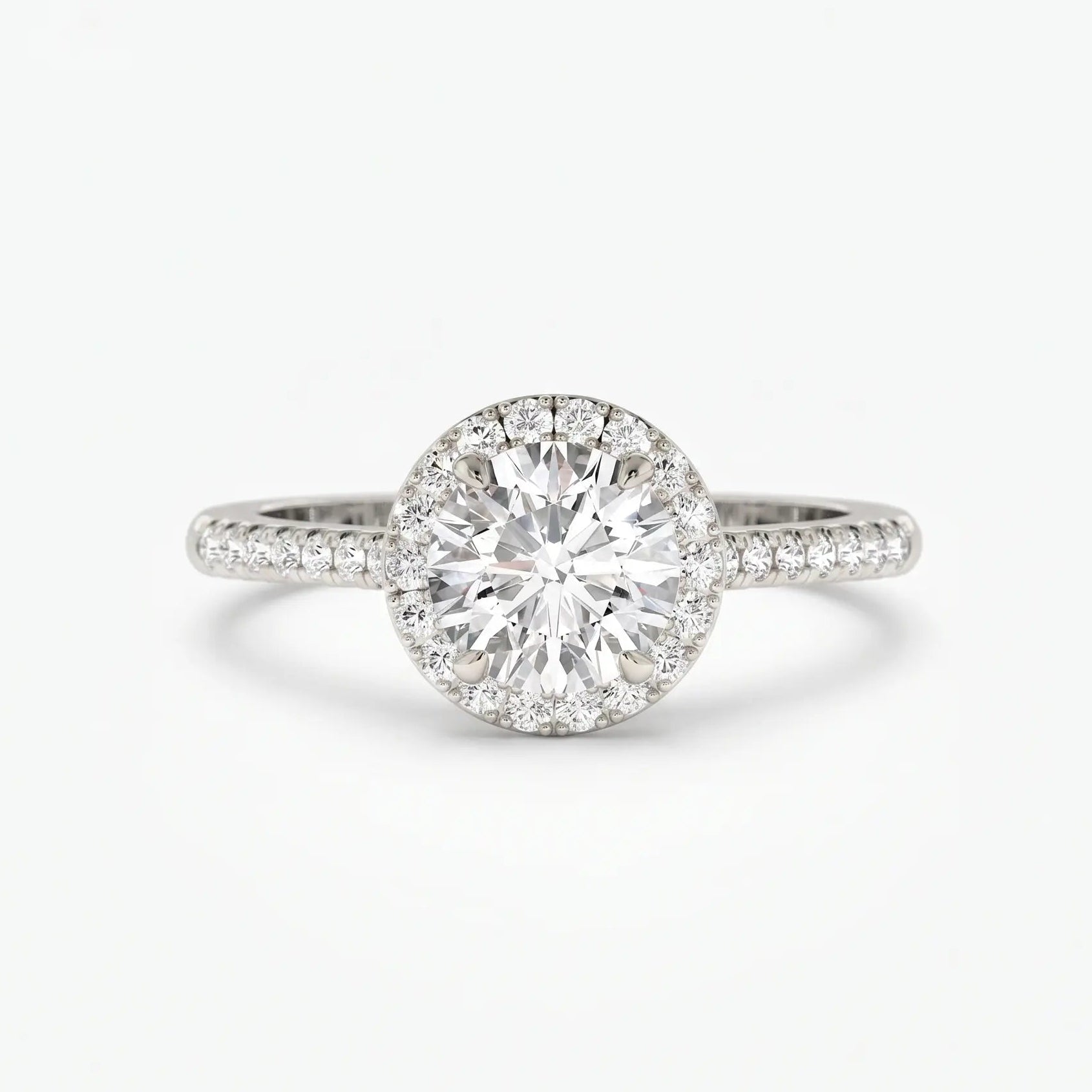 Round Cut Moissanite Halo Engagement Ring with Pavé Band  Classic Brilliant Halo Promise Ring