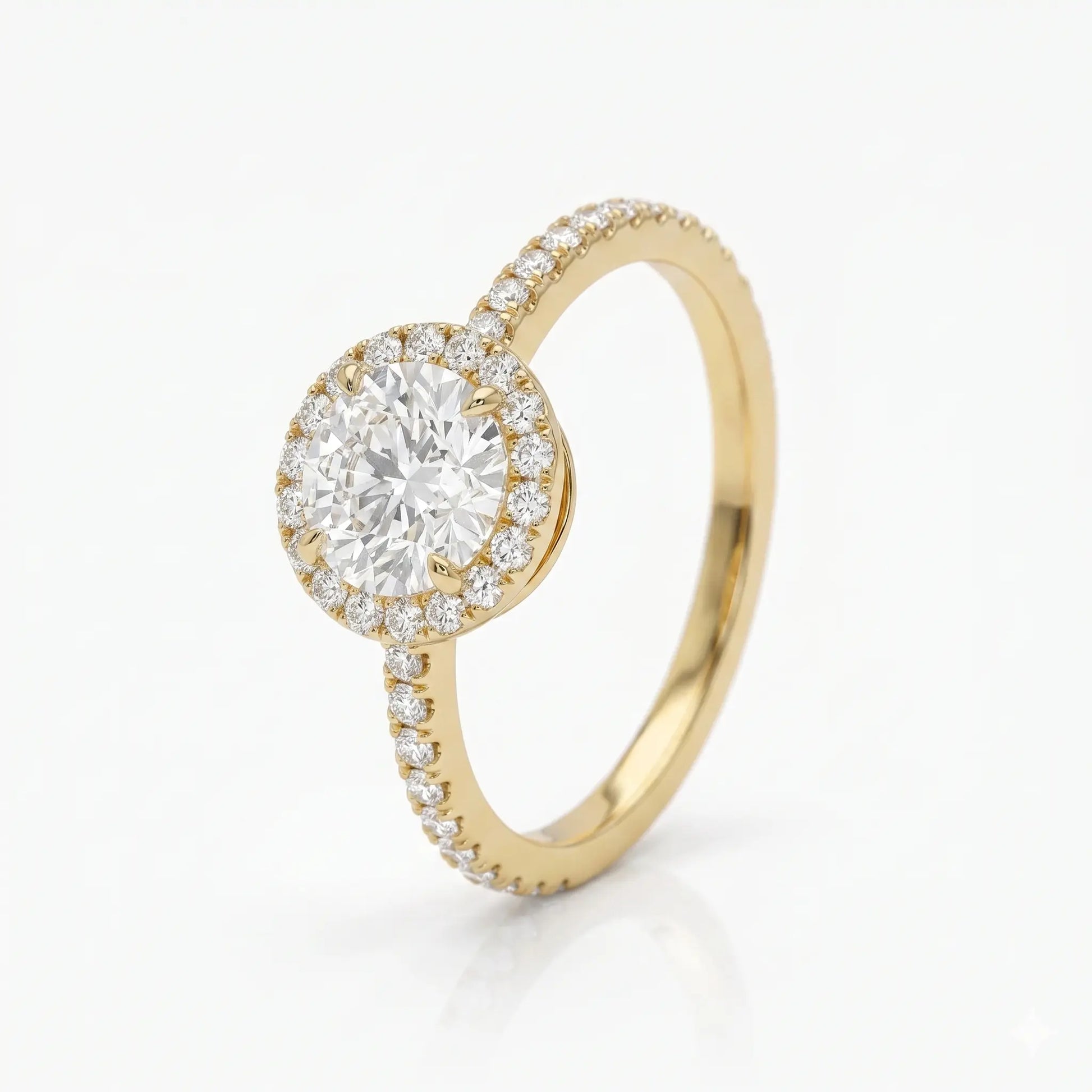 Round Cut Moissanite Halo Engagement Ring with Pavé Band  Classic Brilliant Halo Promise Ring