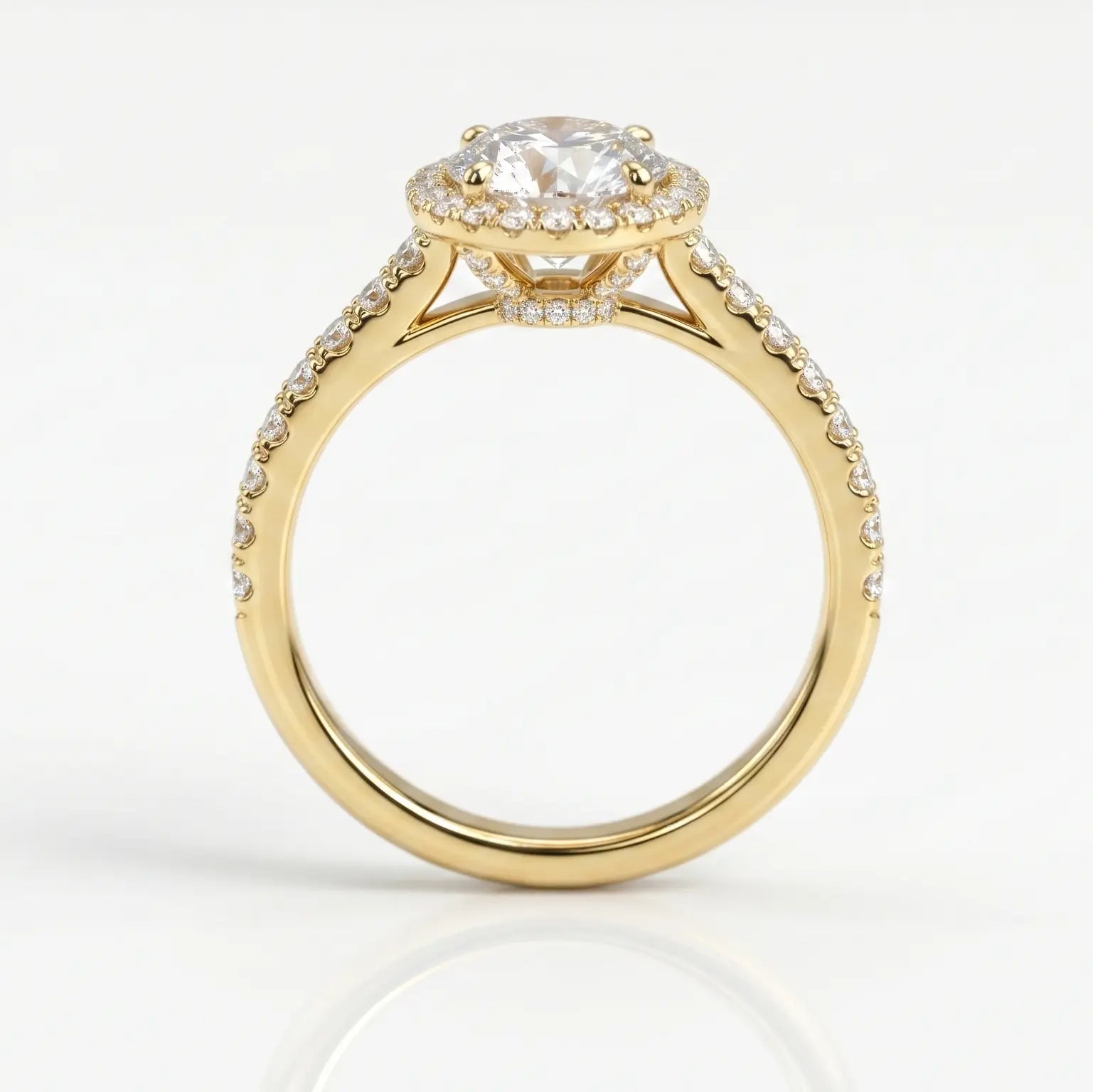 Round Cut Moissanite Halo Engagement Ring with Pavé Band  Classic Brilliant Halo Promise Ring