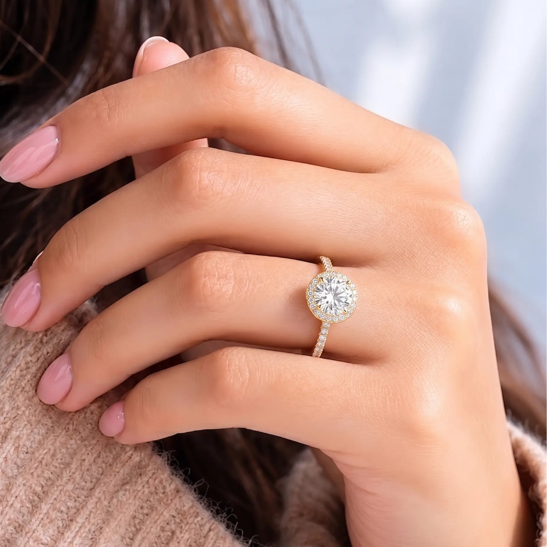 Round Cut Moissanite Halo Engagement Ring with Pavé Band  Classic Brilliant Halo Promise Ring