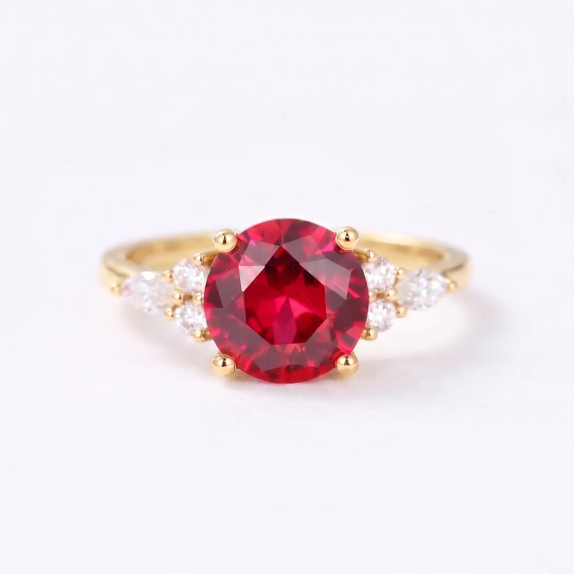 Round Cut Red Ruby Engagement Ring with Diamond Accent Side Stones