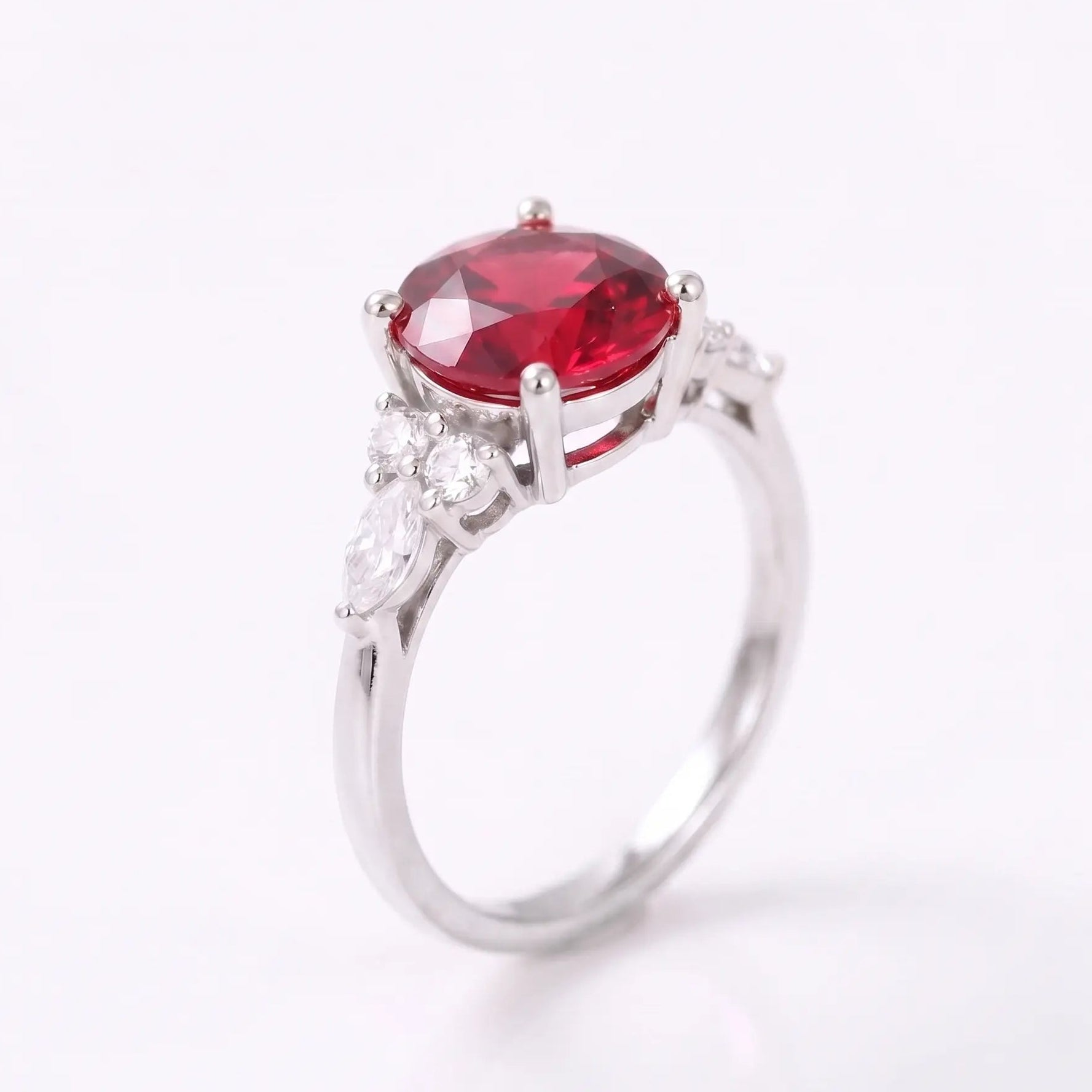Round Cut Red Ruby Engagement Ring with Diamond Accent Side Stones