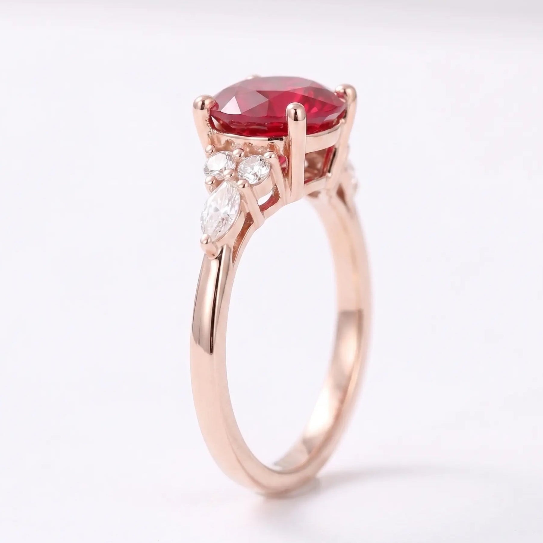 Round Cut Red Ruby Engagement Ring with Diamond Accent Side Stones