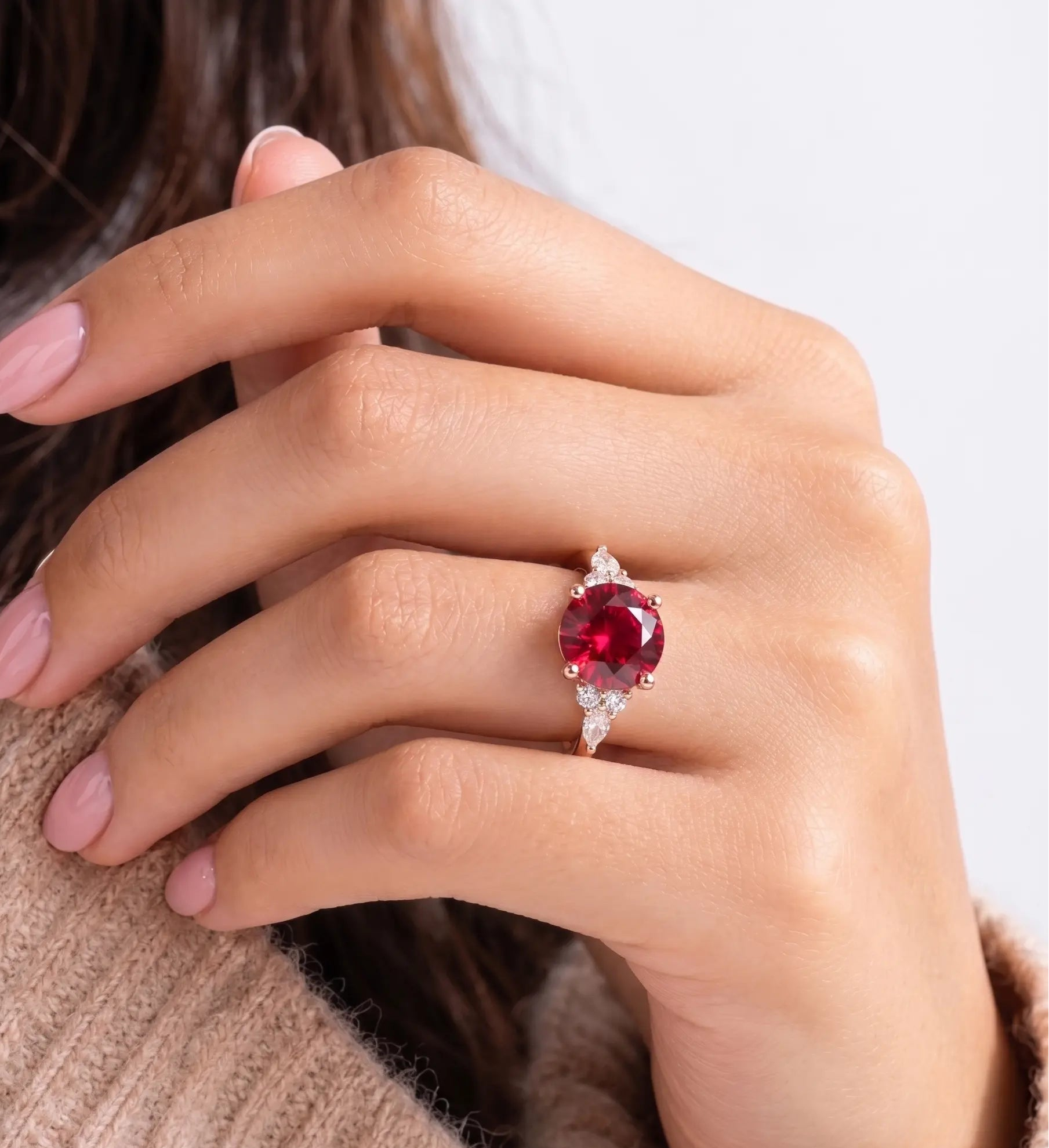 Round Cut Red Ruby Engagement Ring with Diamond Accent Side Stones