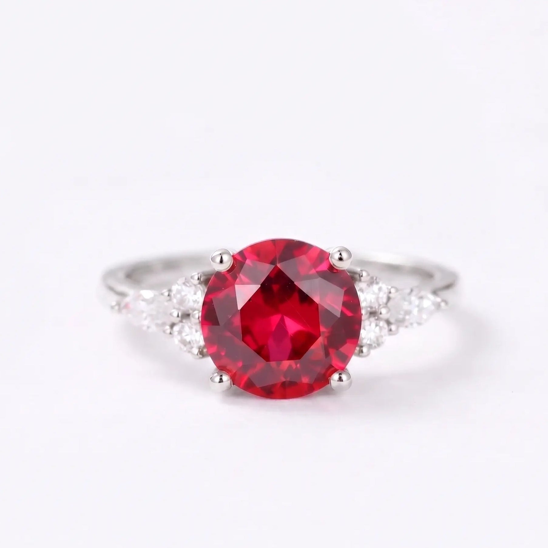 Round Cut Red Ruby Engagement Ring with Diamond Accent Side Stones