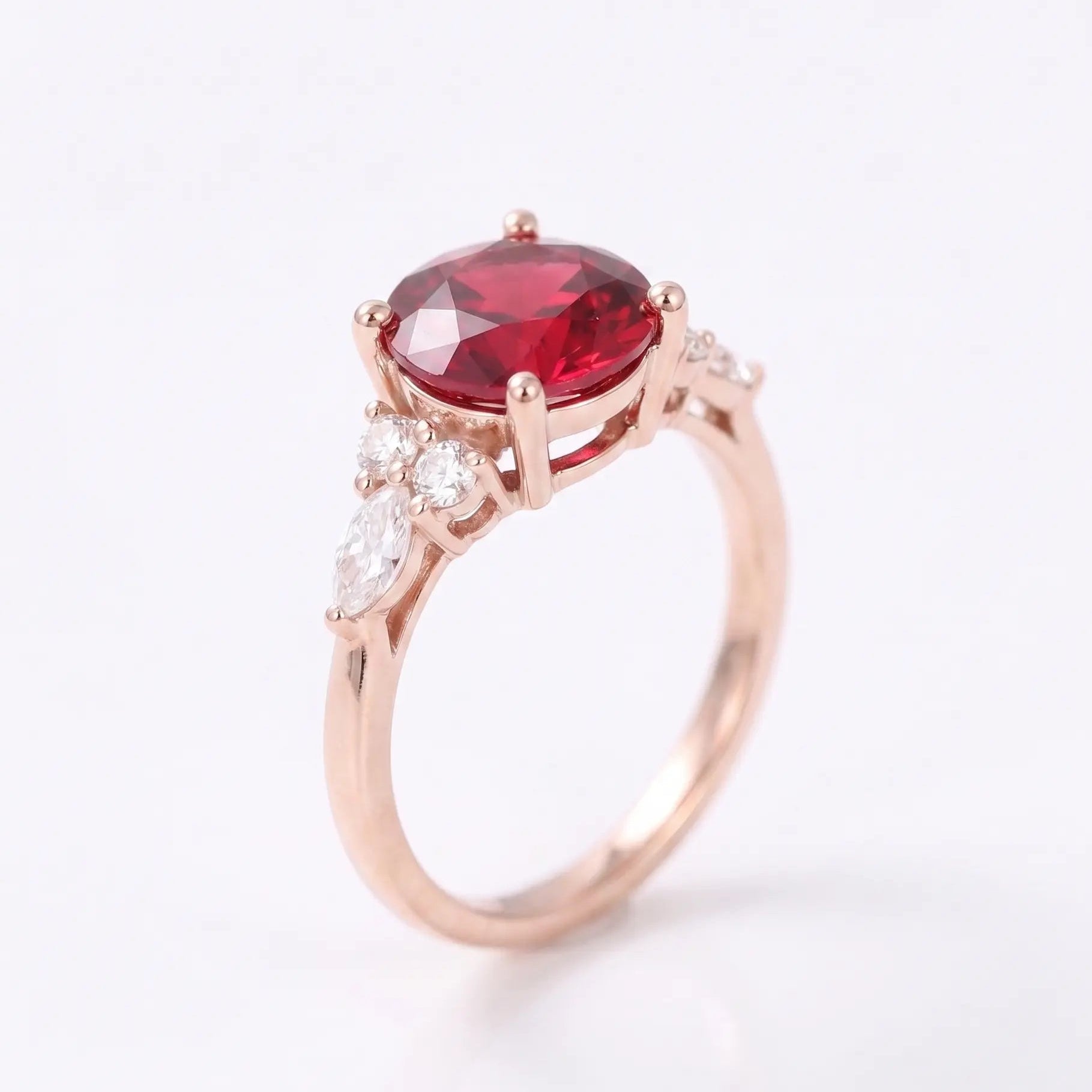 Round Cut Red Ruby Engagement Ring with Diamond Accent Side Stones