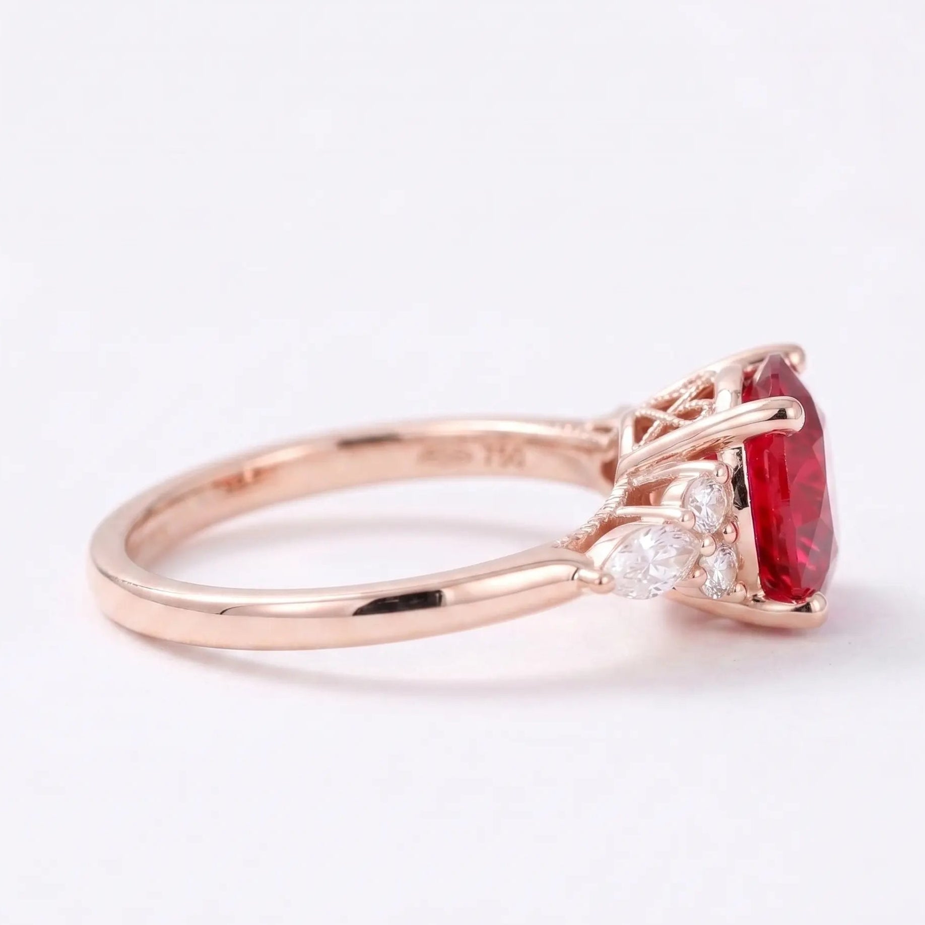 Round Cut Red Ruby Engagement Ring with Diamond Accent Side Stones