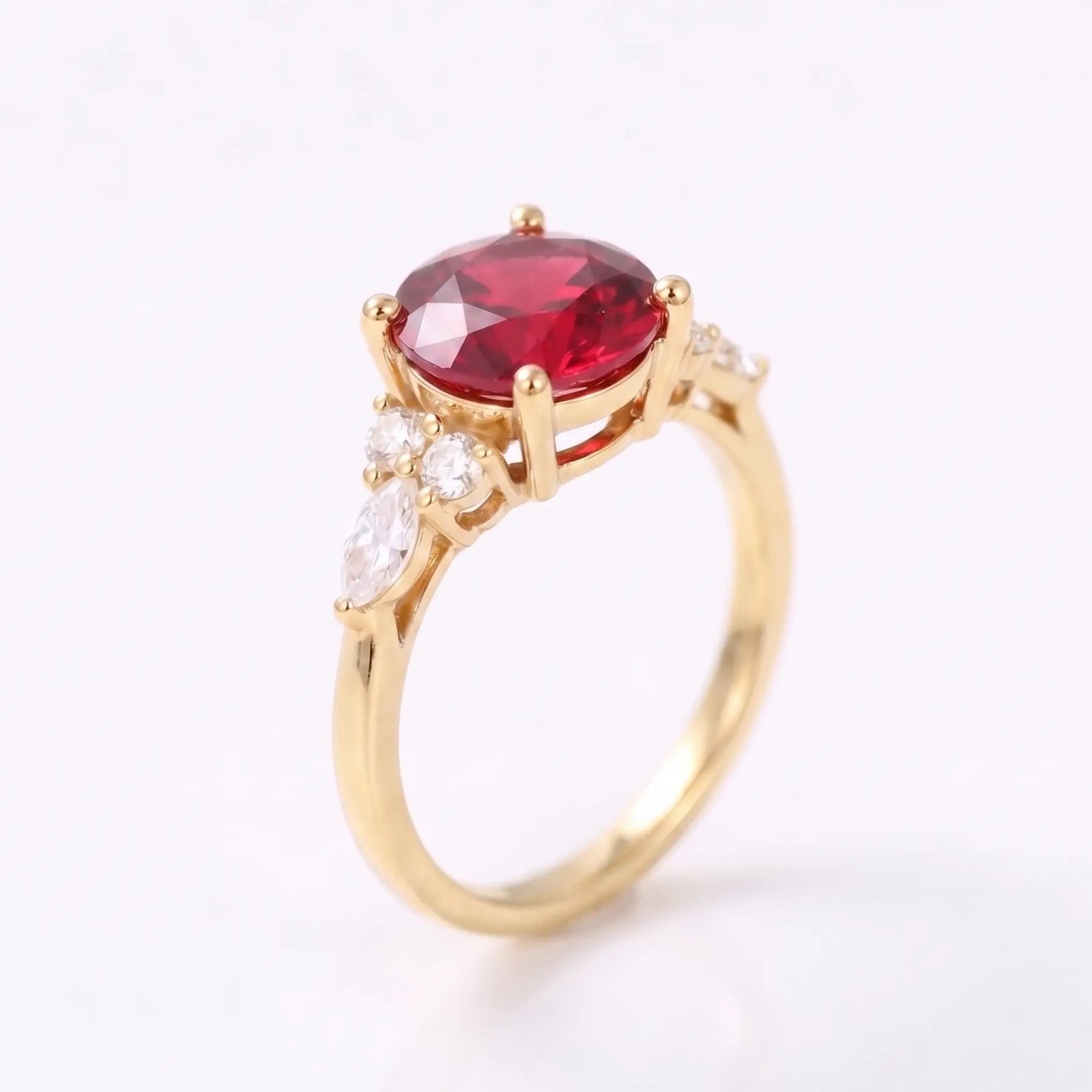 Round Cut Red Ruby Engagement Ring with Diamond Accent Side Stones