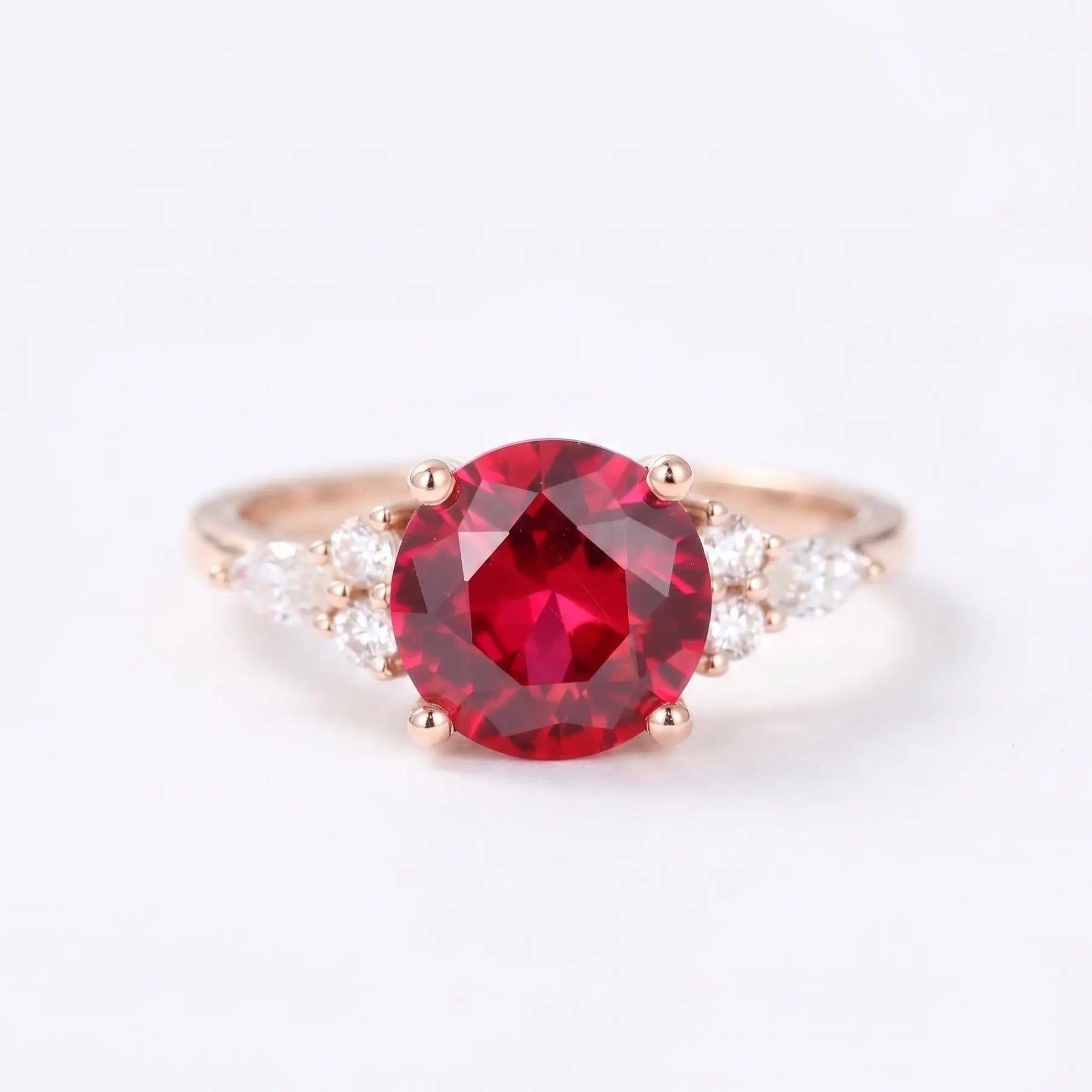 Round Cut Red Ruby Engagement Ring with Diamond Accent Side Stones