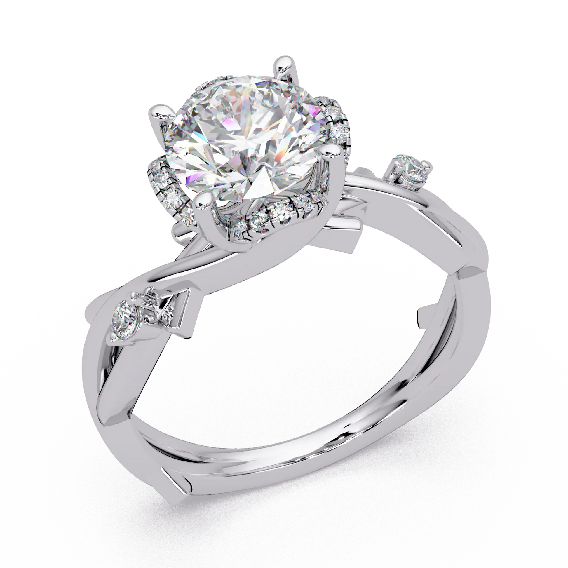 Round Lab Grown Diamond Engagement Ring with Twisted Accent Band
