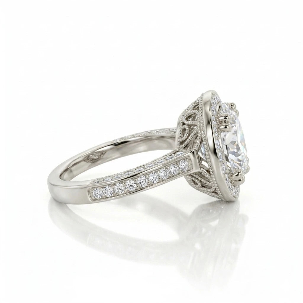 Round Halo Moissanite Engagement Ring with Pavé Band – Classic Vintage Inspired Bridal Ring